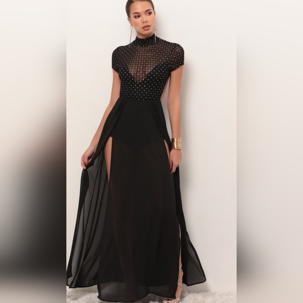 Lucy In The Sky Shimmer Sheer  Back Out Slits Black Tie Cocktail Shorts Dress